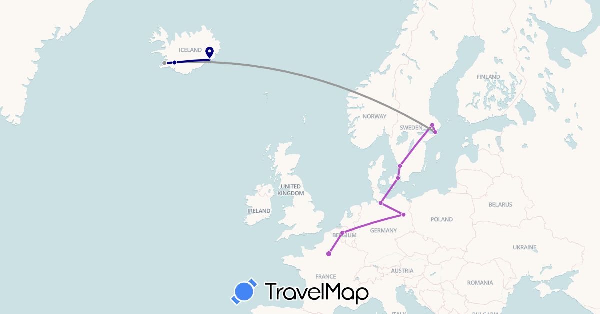 TravelMap itinerary: driving, plane, train in Belgium, Germany, Denmark, France, Iceland, Sweden (Europe)